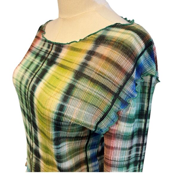 Urban Outfitters Margot Crop Top Wm‎ M Lettuce Edge Colorful Sheer Stretchy LSlv - Picture 2 of 11